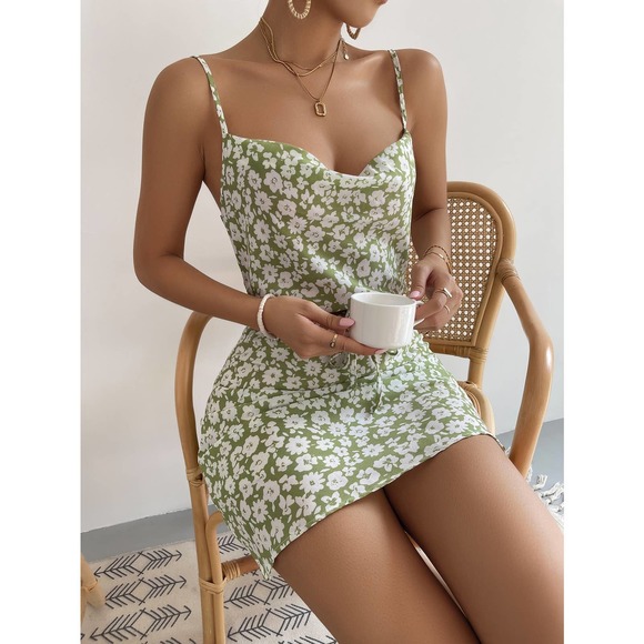 Boho Floral Print cowl neck Belted Cami Dress green - Picture 3 of 5